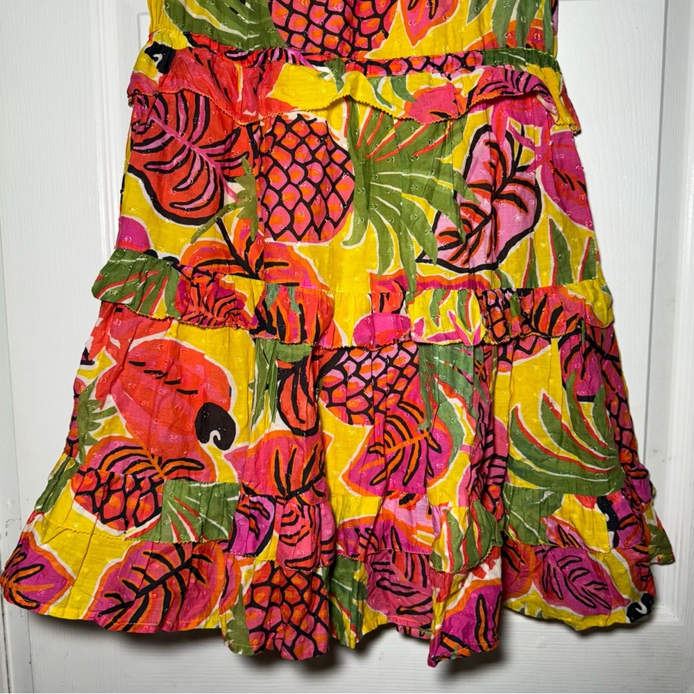 Farm Rio • Ruffle Mini Dress • Yellow Fruit Dream • XS • Beaded Tassels • $180 - Picture 13 of 14
